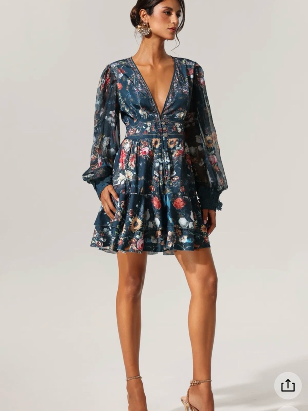 Plunging Navy Floral V-Neck Long Sleeve Mini Dress